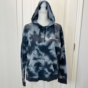 Champion Tie-Dye Unisex Hoodie Sweatshirt Size XL Navy White Pockets Drawstring